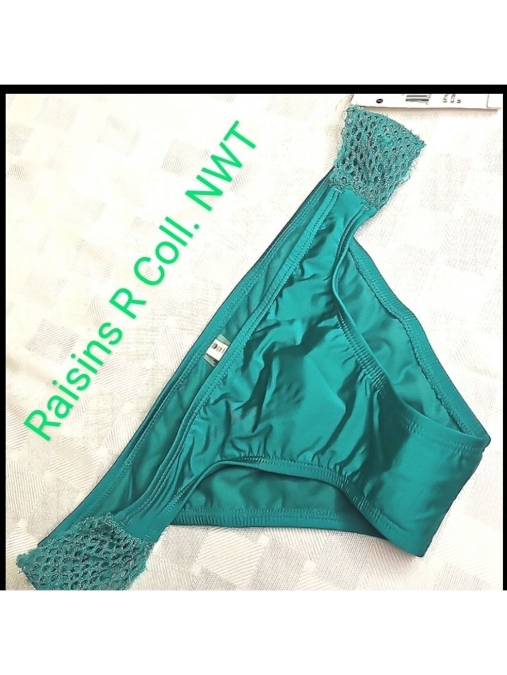 Raisins R Collection Cheeky Bikini Bottoms Teal Mesh Sides Medium NWT